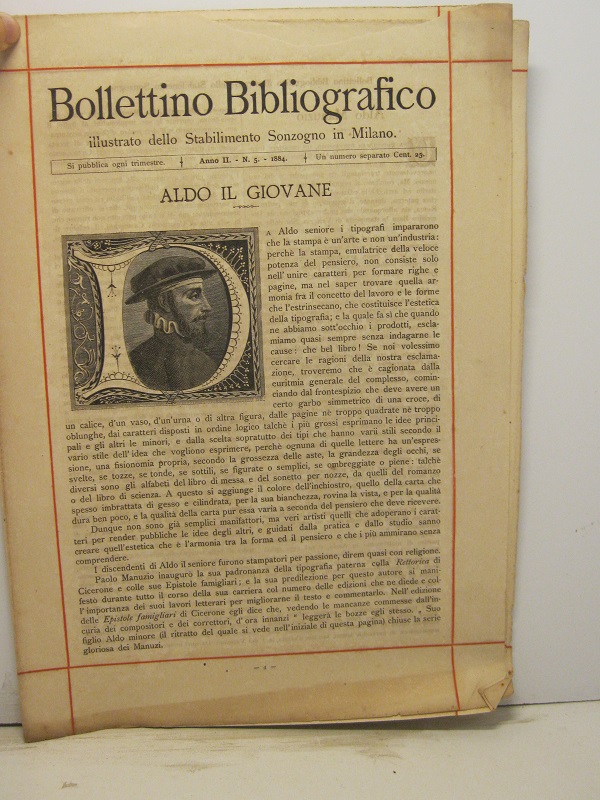 Bollettino bibliografico illustrato dello Stabilimento Sonzogno in Milano. Anno II, n. 5, 1884. Aldo il giovane